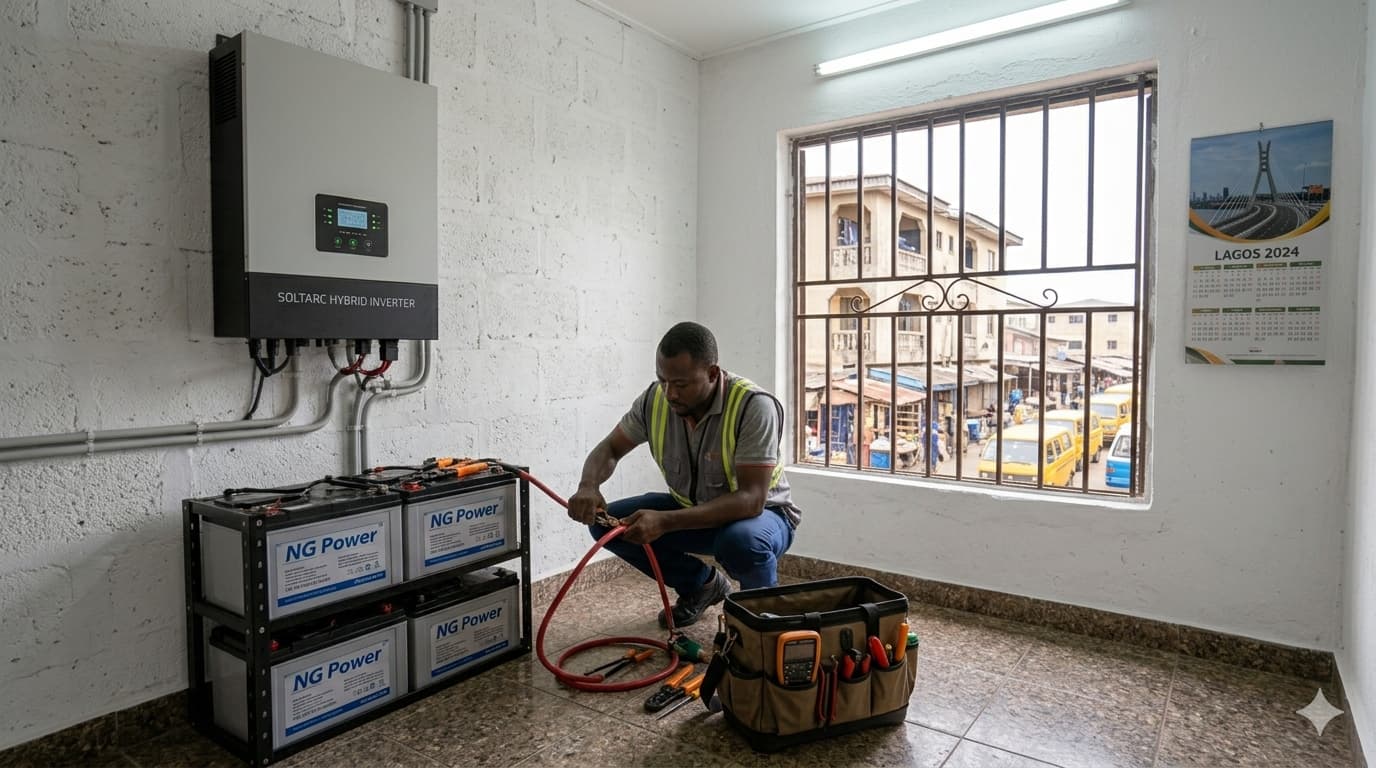 A PowerNexa technician wiring an inverter and battery bank inside a Lagos home