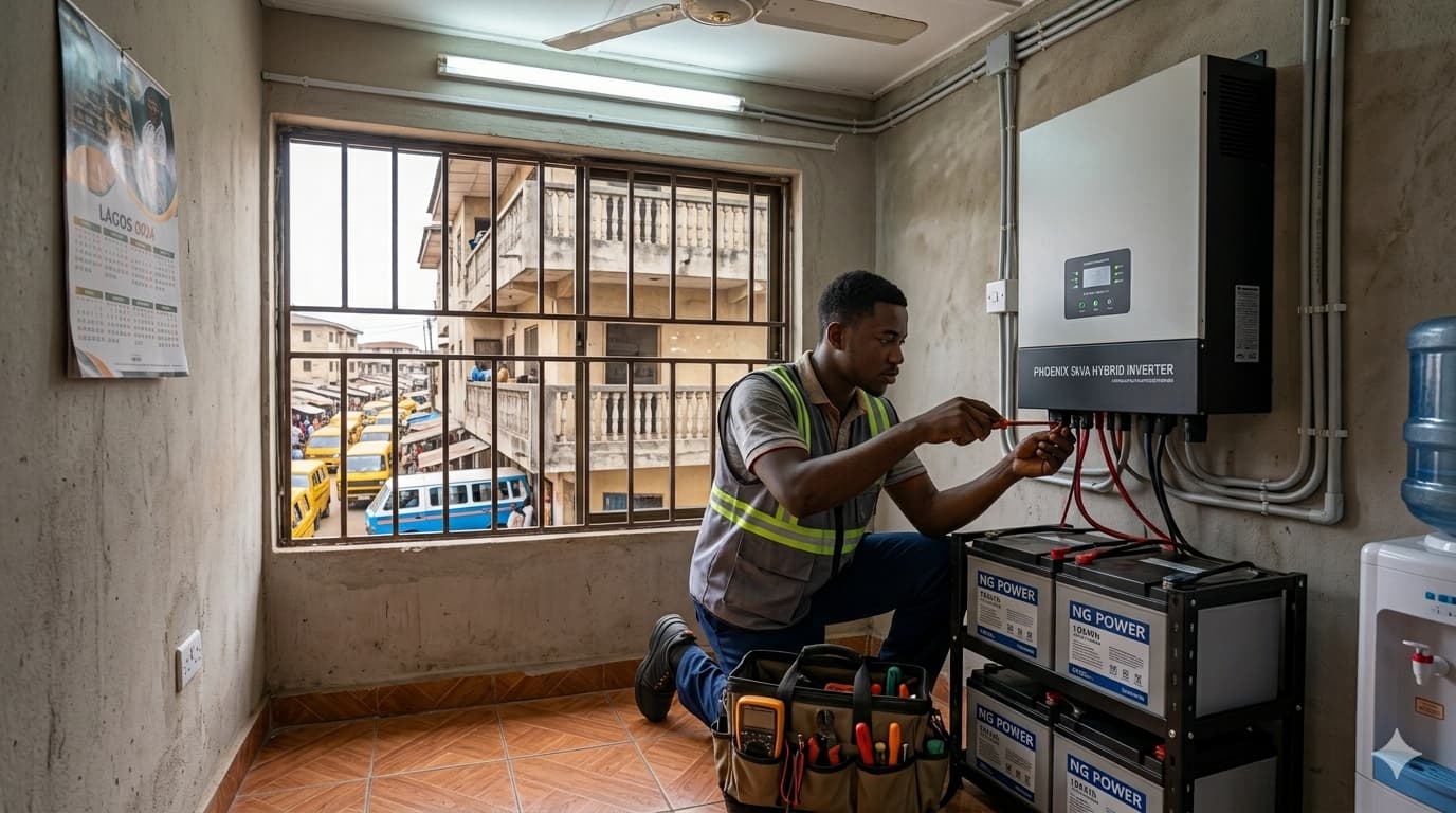 Commercial-grade inverter and battery installation inside a Lagos business premises