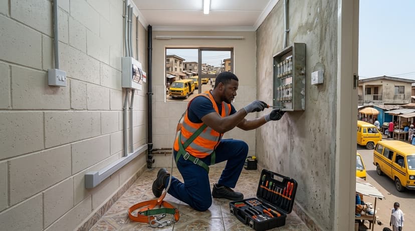 A technician in a safety harness inspecting a distribution board