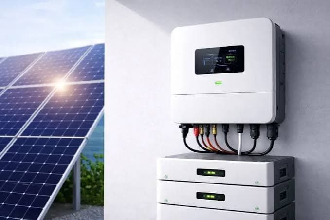 Hybrid inverter mounted above a stack of batteries